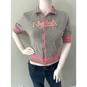 Vintage Y2k Reebok Grey Pink and Green Short Sleeve Track Jacket size Juniors M